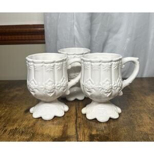 Vintage Footed White Ceramic Coffee Mugs Set Of 3 Pedestal Cups Floral